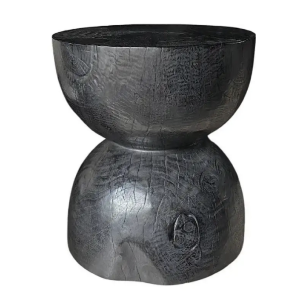 Sculptural Side Table Crafted from Solid Mango Wood Burnt Black Finish