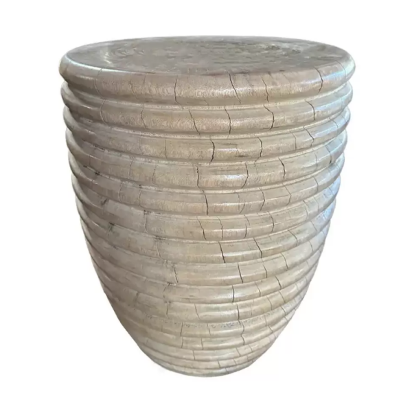 Sculptural Side Table Solid Mango Wood with Ribbed Detailing
