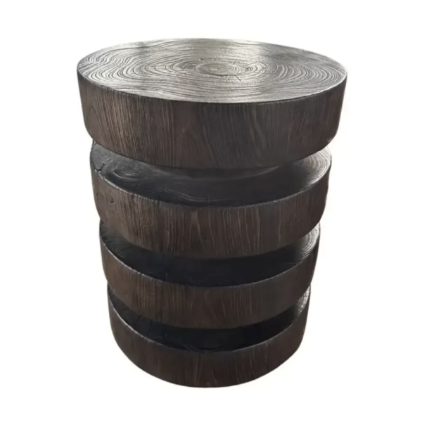 Round Teak Wood Side Table, Burnt Finish, Layered Design, Modern Organic
