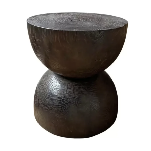 Round Teak Wood Side Table, Burnt Finish, Layered Design, Modern Organic