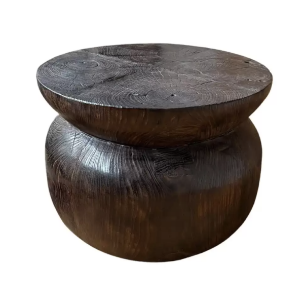 Round Teak Wood Side Table, Burnt Finish, Layered Design, Modern Organic