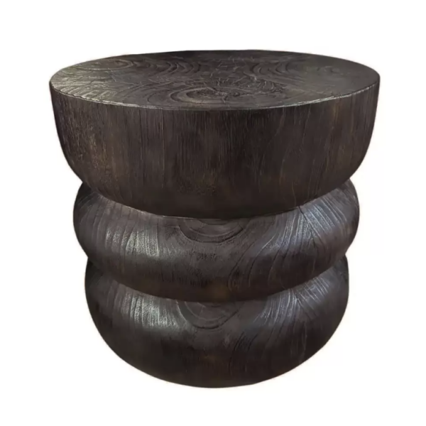 Round Teak Wood Side Table, Burnt Finish, Layered Design, Modern Organic
