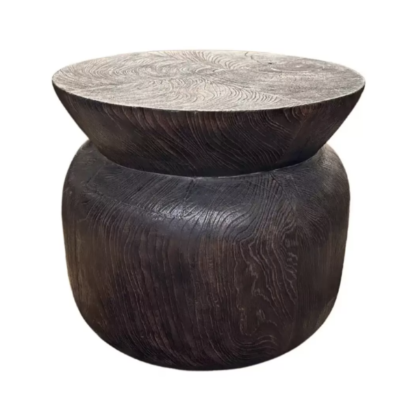 Round Teak Wood Side Table, Burnt Finish, Layered Design, Modern Organic