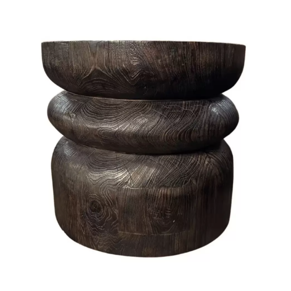 Round Teak Wood Side Table, Burnt Finish, Layered Design, Modern Organic