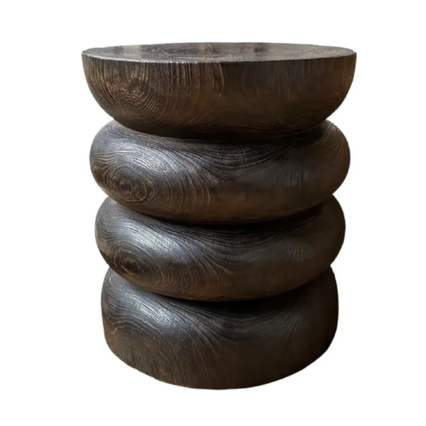 Round Teak Wood Side Table, Burnt Finish, Layered Design, Modern Organic