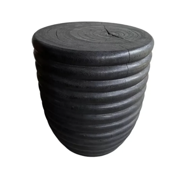 Sculptural Mango Wood Side Table, Hand-Crafted Modern Organic, Ribbed Detailing