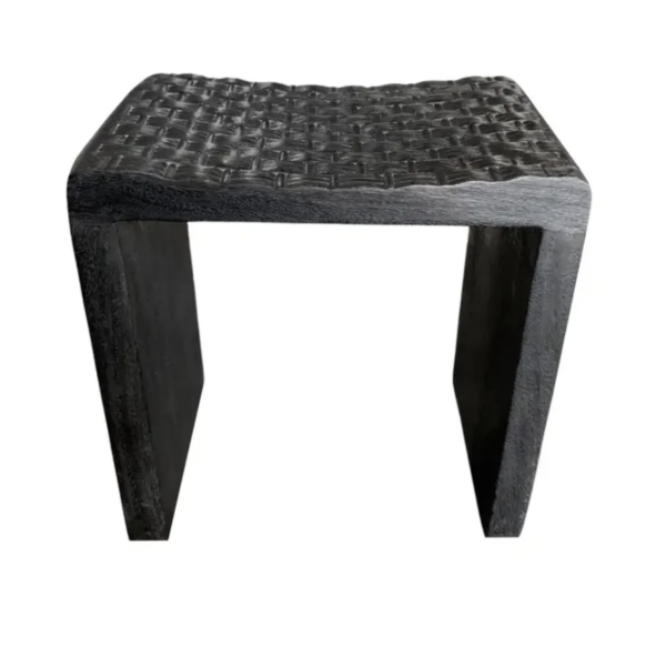 Sculptural Mango Wood Stool with Carved Detailing & Burnt Finish Modern Organic