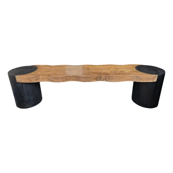 Sculptural Teak Wood Bench, Modern Organic, Burnt & Natural Finish