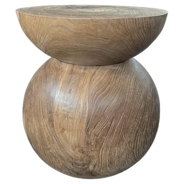 Round Teak Wood Side Table, Natural Finish, Layered Design, Modern Organic