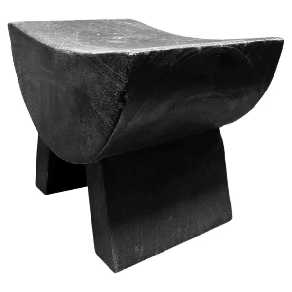 Sculptural Stool with Curved Seat Suar Wood, Burnt Finish, Modern Organic