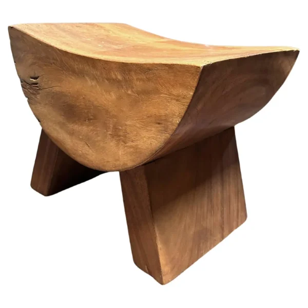Sculptural Stool with Curved Seat Suar Wood, Burnt Finish, Modern Organic