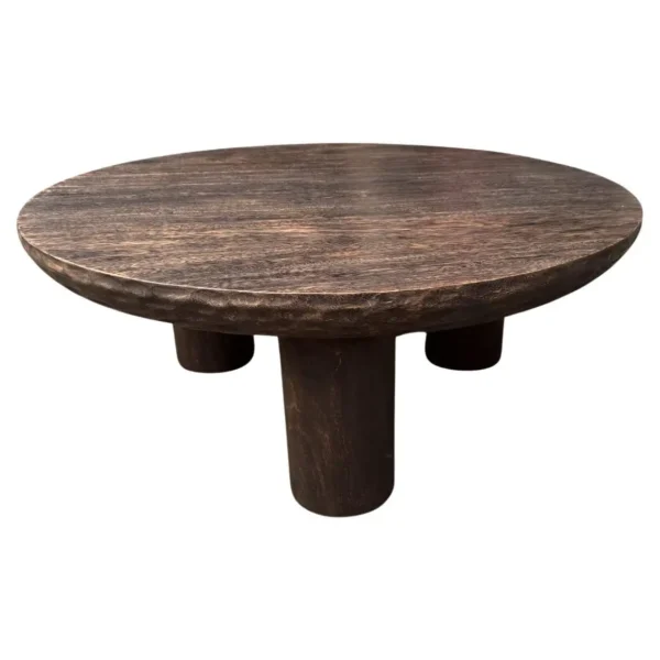 Suar Wood Round Table, Espresso Finish, Modern Organic Hand-Hewn Detailing