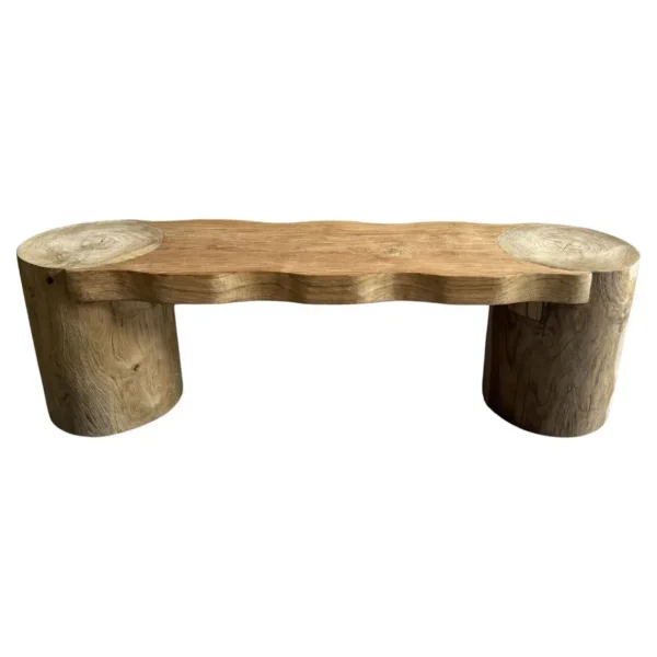Sculptural Teak Wood Bench, Modern Organic, Cylindrical Legs