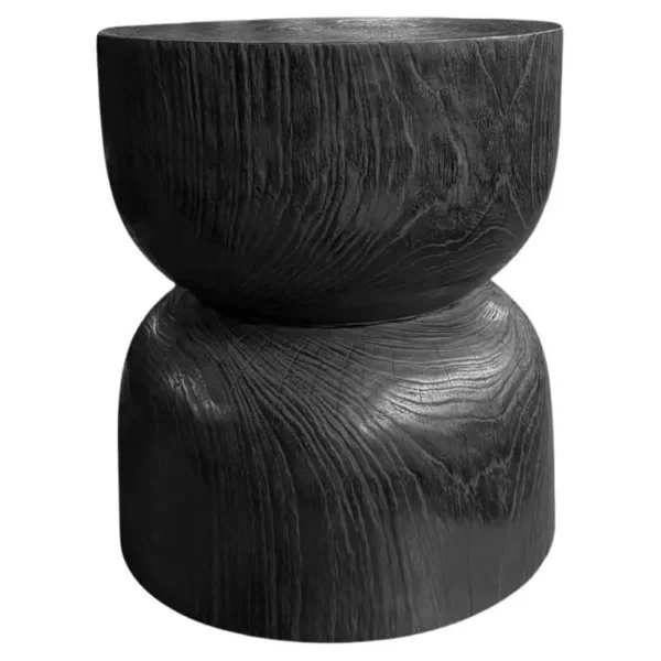 Round Teak Wood Side Table, Burnt Finish, Layered Design, Modern Organic