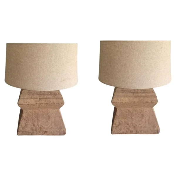 Set of Large Antique Javanese Teak Column Base Lamps, Modern Organic