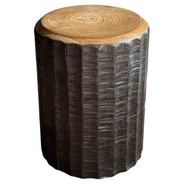 Solid Teak Wood Side Table Stunning Textures, Ribbed Detailing Modern Organic