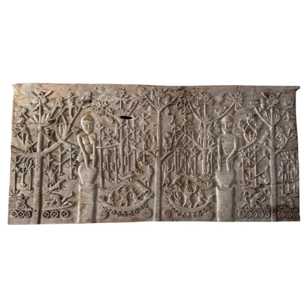 Hand-Carved Teak Wood Sculpture Panel Depicting Dayak Mythology