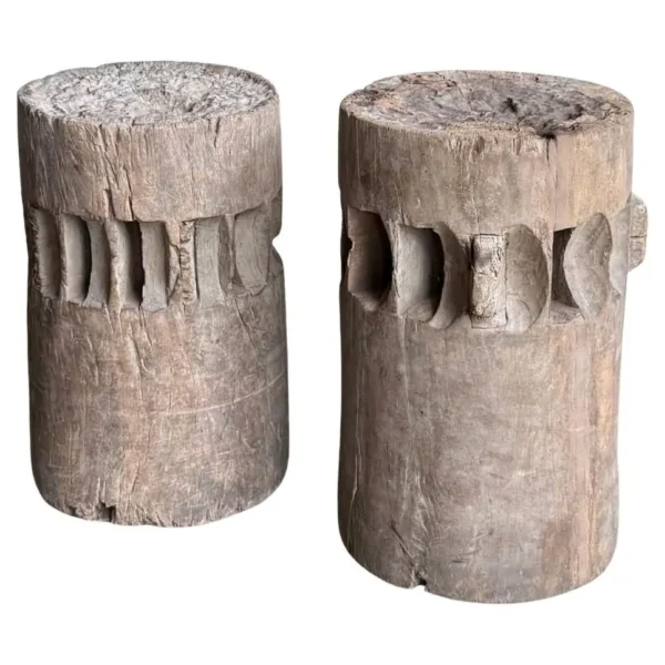 Set of Solid Teak Sugar Cane Crushers / Grinders from Java, Indonesia c. 1900