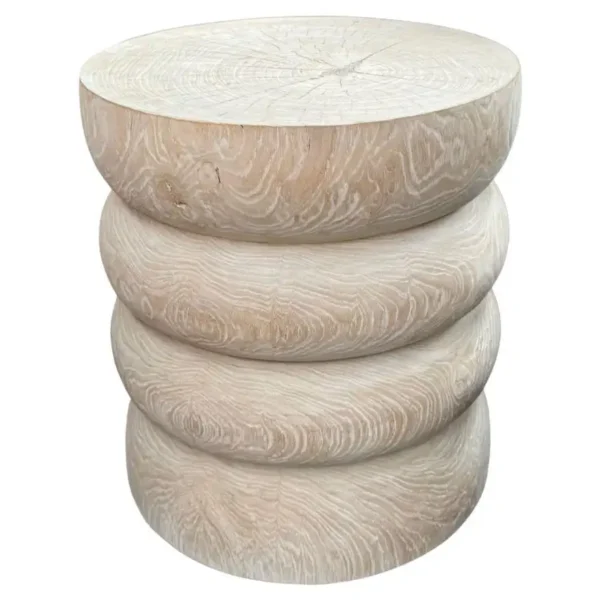 Round Teak Wood Side Table, Bleached Finish, Layered Design, Modern Organic