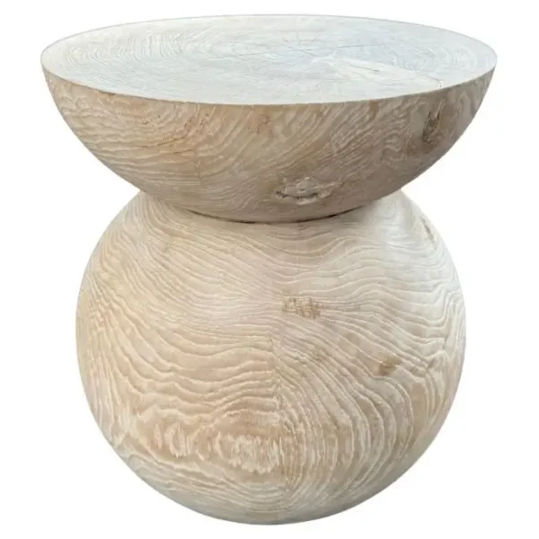 Round Teak Wood Side Table, Bleached Finish, Layered Design, Modern Organic