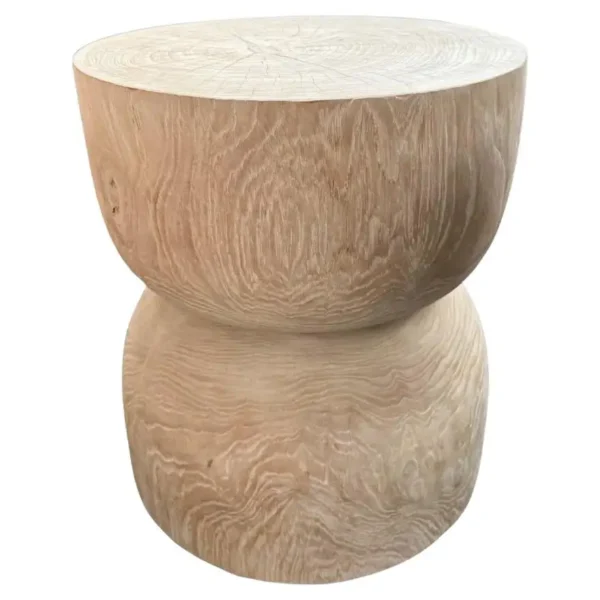 Round Teak Wood Side Table, Bleached Finish, Layered Design, Modern Organic