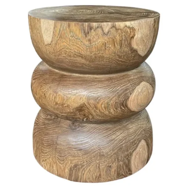Round Teak Wood Side Table, Natural Finish, Layered Design, Modern Organic