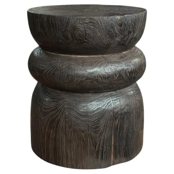 Round Teak Wood Side Table, Dark Brown Finish, Layered Design, Modern Organic