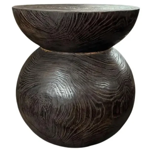 Round Teak Wood Side Table, Dark Brown Finish, Layered Design, Modern Organic