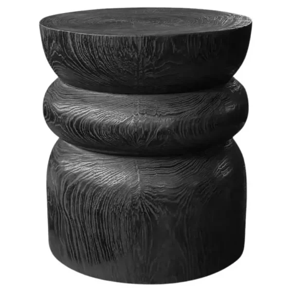 Round Teak Wood Side Table, Burnt Finish, Layered Design, Modern Organic