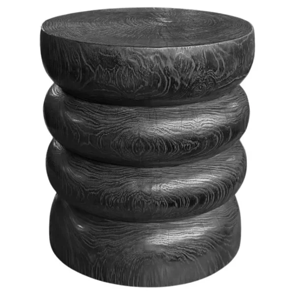 Round Teak Wood Side Table, Burnt Finish, Layered Design, Modern Organic
