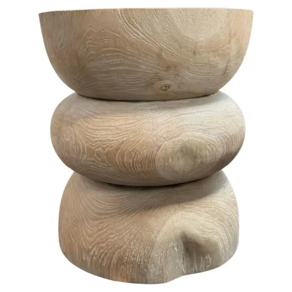Round Teak Wood Side Table, Bleached Finish, Layered Design, Modern Organic