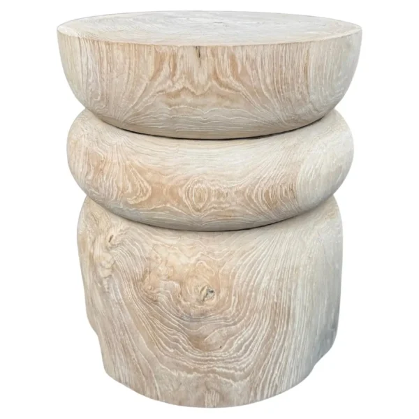 Round Teak Wood Side Table, Bleached Finish, Layered Design, Modern Organic