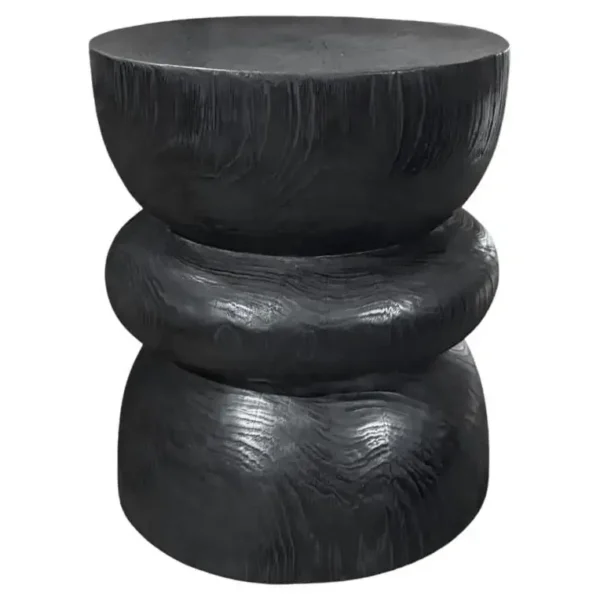 Round Teak Wood Side Table, Burnt Finish, Layered Design, Modern Organic