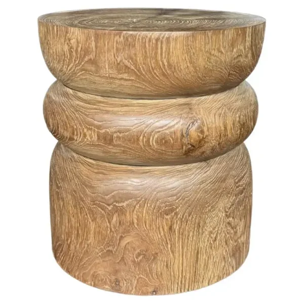 Round Teak Wood Side Table, Natural Finish, Layered Design, Modern Organic