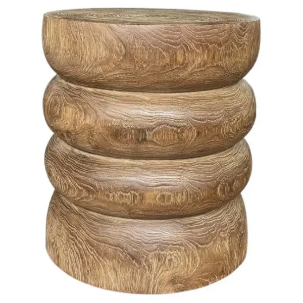 Round Teak Wood Side Table, Natural Finish, Layered Design, Modern Organic