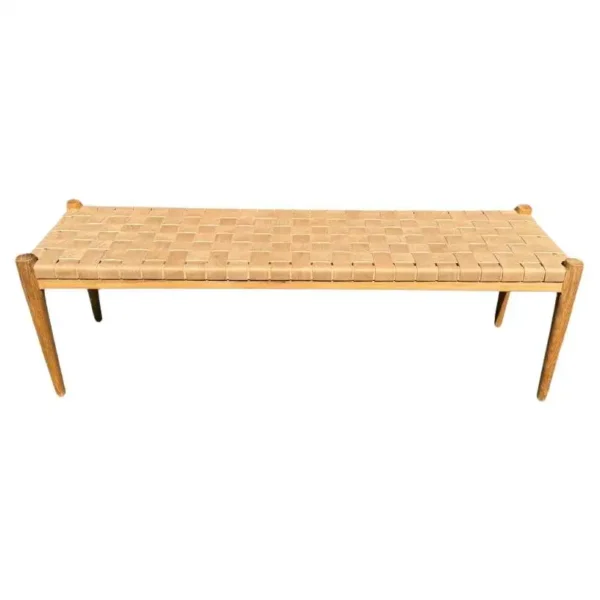 Teak Wood Framed Bench, with Woven Leather Seat