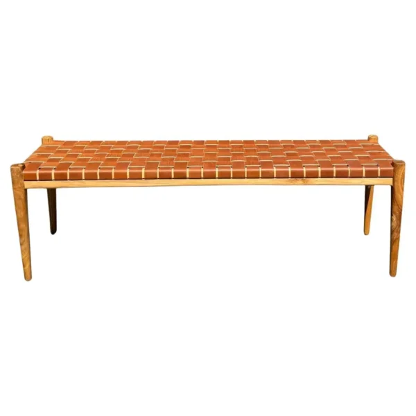 Teak Wood Framed Bench, with Woven Leather Seat