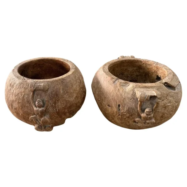 Set of Monumental Mid-20th Century Teak Burl Wood Bowls, Hand-Carved