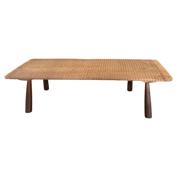 Teak Wood Sofa Table, Hand-Carved Detailing, Modern Organic